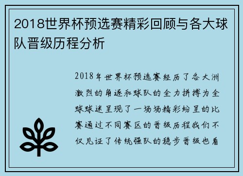 2018世界杯预选赛精彩回顾与各大球队晋级历程分析